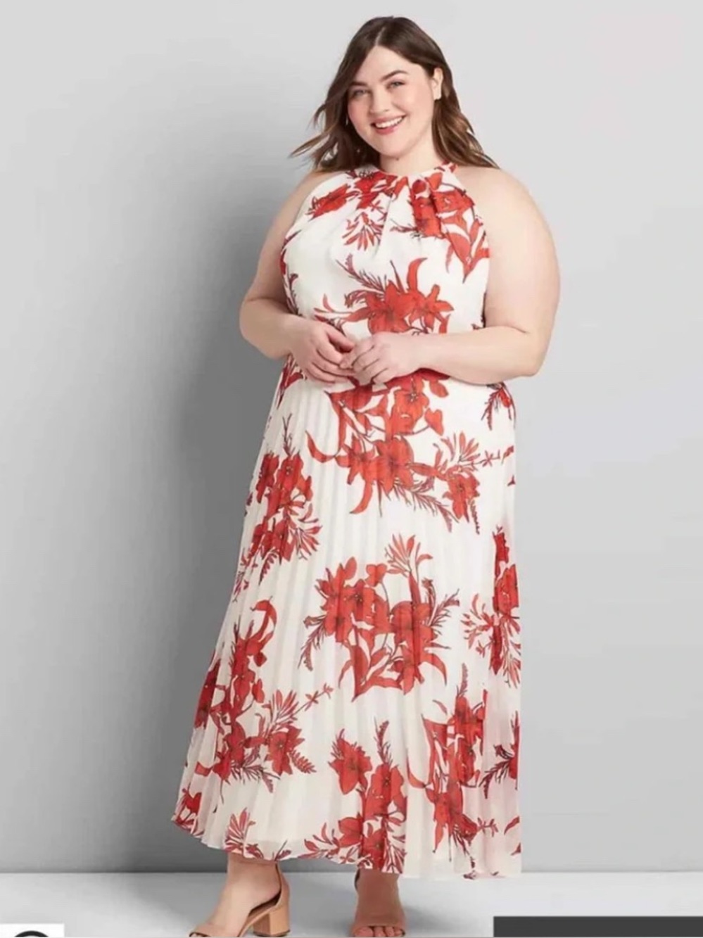 Lane Bryant Size 26 Botanical Print Halter Dress Pleated White Red Maxi